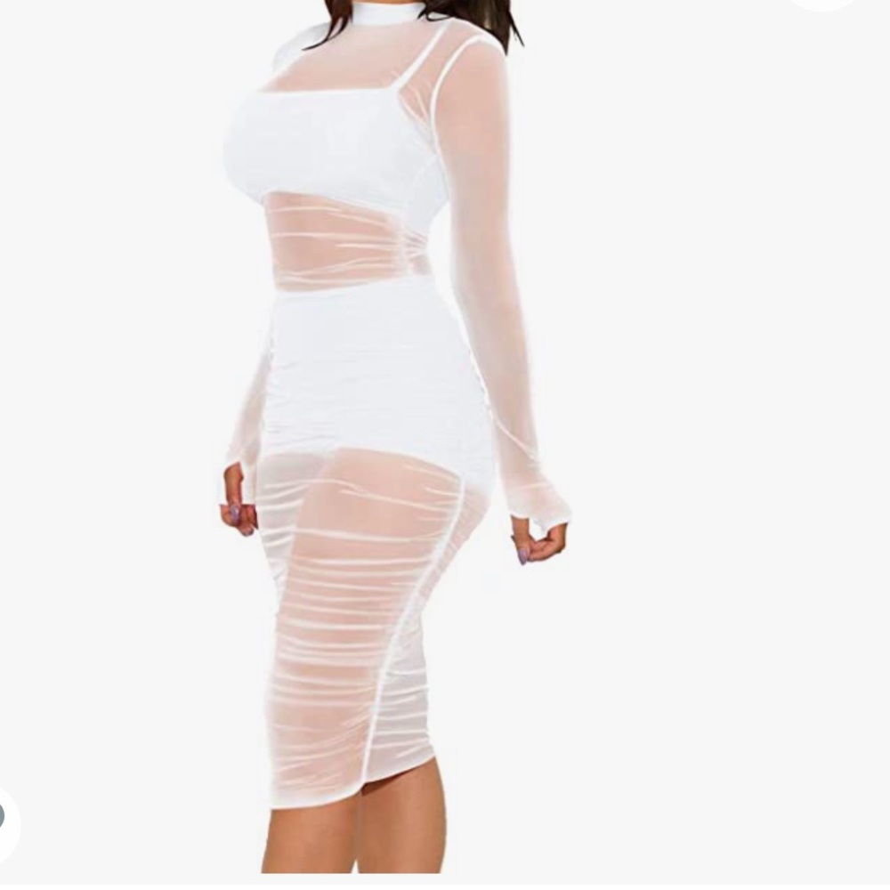 White 3-Piece Mesh Midi Dress Set